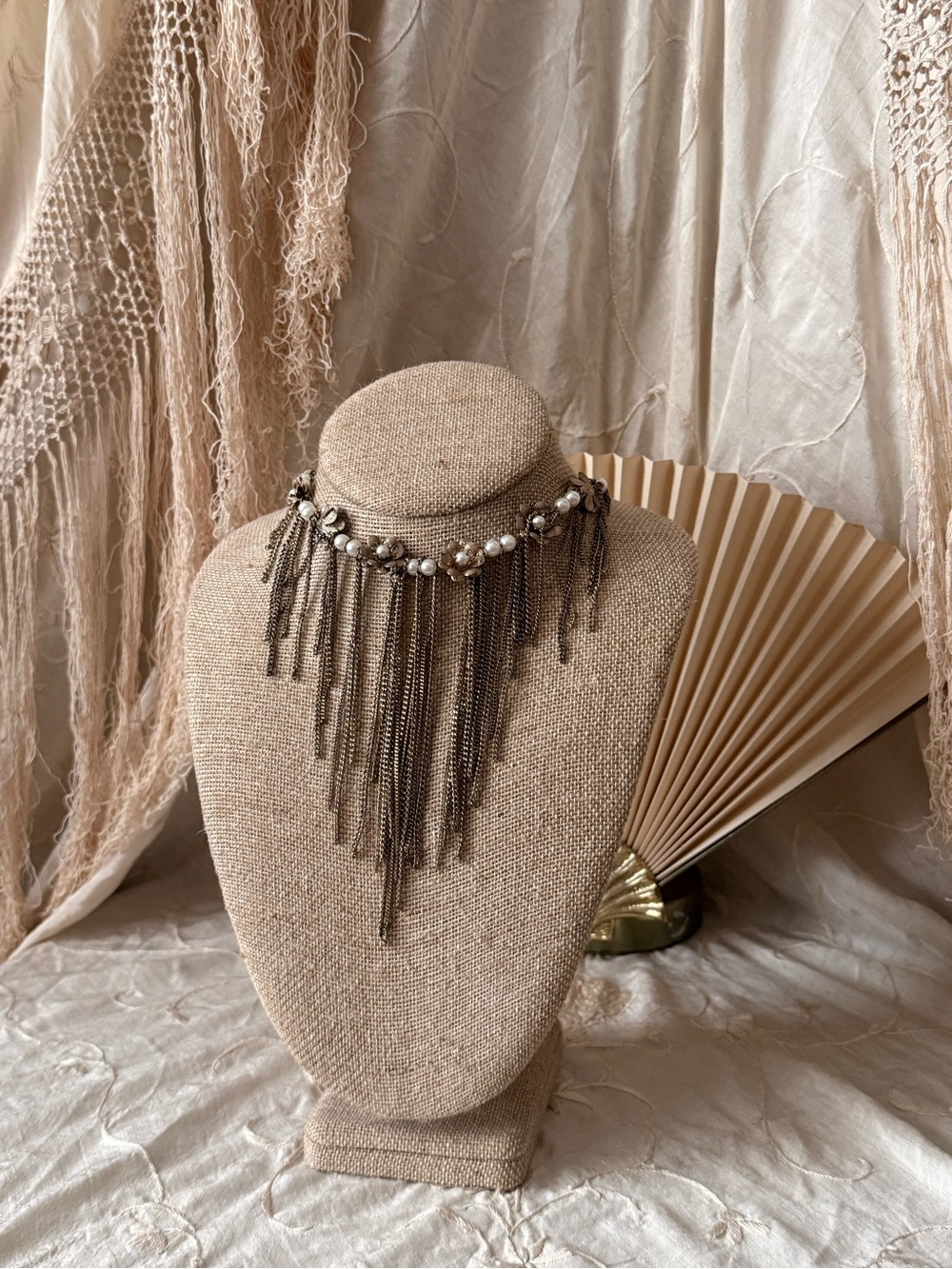 Statement floral Fringe Pearl Choker Necklace in Antique Silver y2k